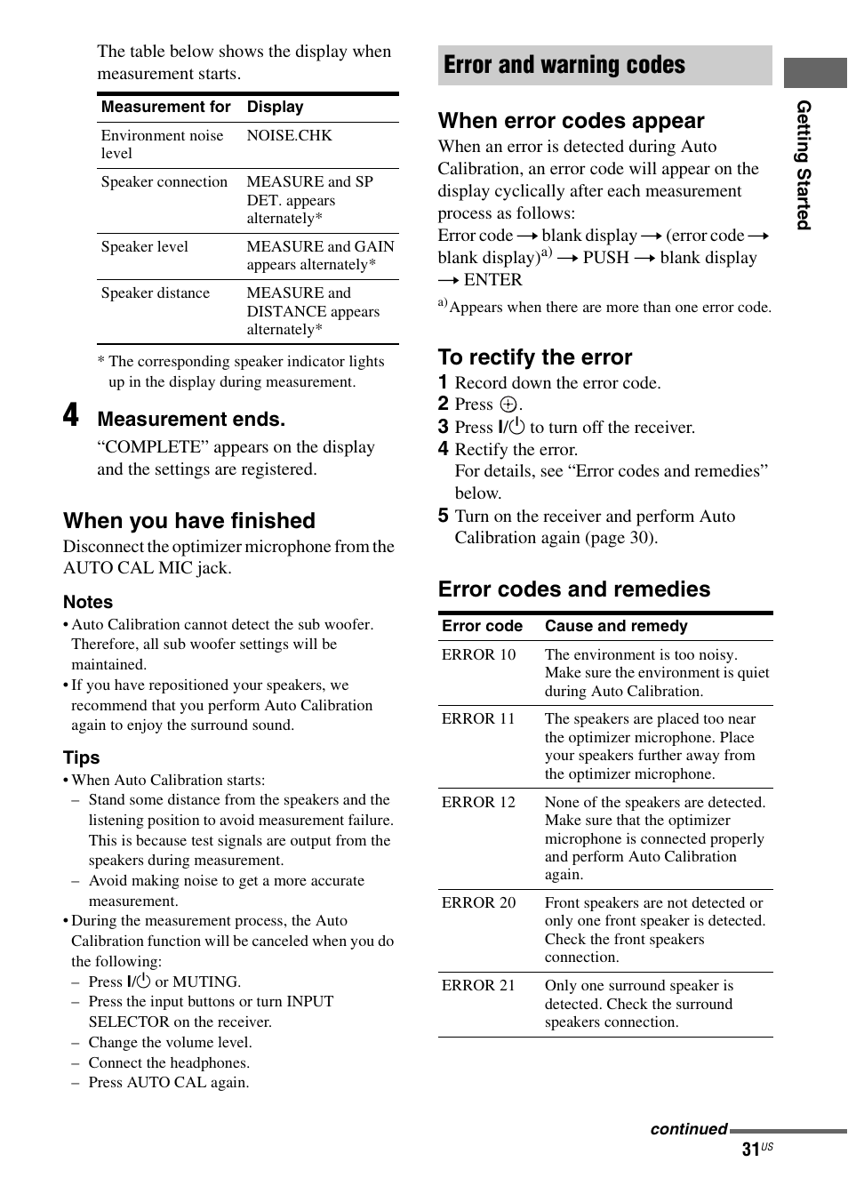 Error and warning codes, When you have finished, When error codes appear | Error codes and remedies | Sony HT-7200DH User Manual | Page 31 / 88