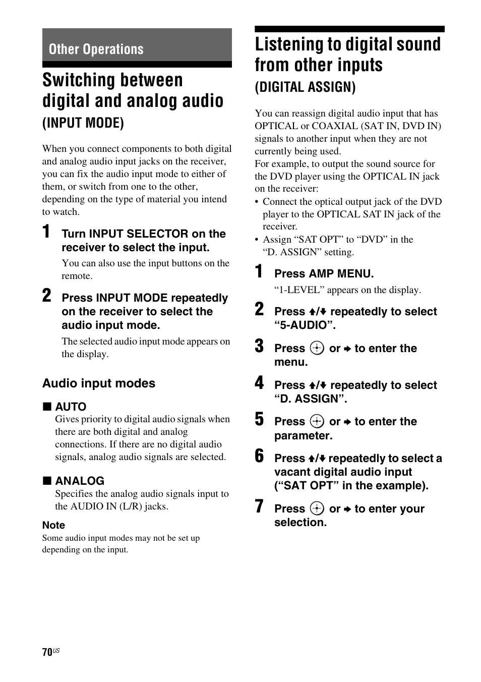 Other operations, Switching between digital and analog, Audio (input mode) | Listening to digital sound from other, Inputs (digital assign), Switching between digital and analog audio, Listening to digital sound from other inputs | Sony HT-7200DH User Manual | Page 70 / 88