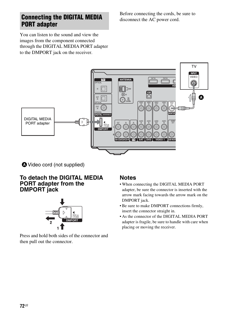 Connecting the digital media port adapter, Avideo cord (not supplied), Digital media port adapter tv | Sony HT-7200DH User Manual | Page 72 / 88