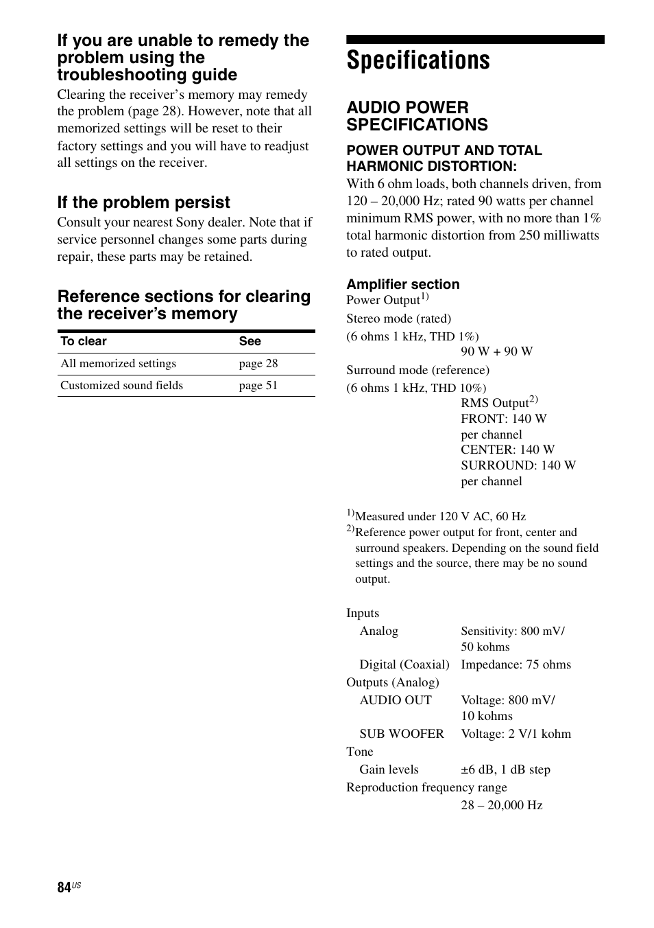 Specifications, If the problem persist, Audio power specifications | Sony HT-7200DH User Manual | Page 84 / 88