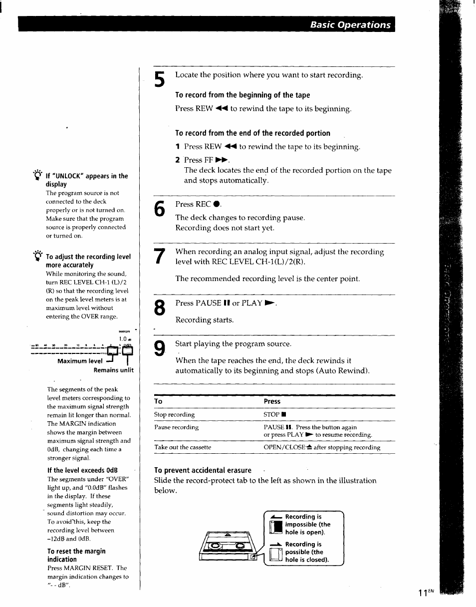 To record from the beginning of the tape, To record from the end of the recorded portion, Basic operations | Sony PCM-R500 User Manual | Page 11 / 100