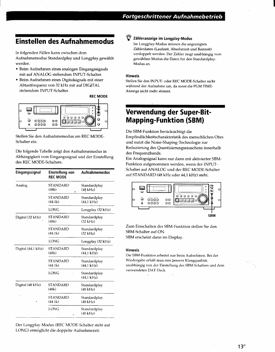 Einstellen des aufnahmemodus, Q' zähleranzeige im longplay-modus, Hinweis | Verwendung der super-bit- mapping-funktion (sbm), Fortgeschrittener aufnahmebetrieb | Sony PCM-R500 User Manual | Page 79 / 100