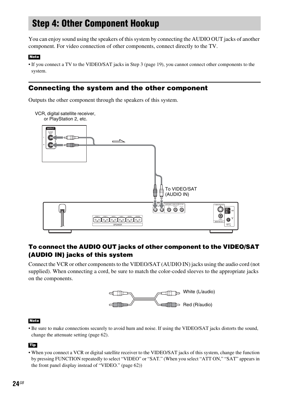 Step 4: other component hookup, Connecting the system and the other component | Sony HCD-DZ100 User Manual | Page 24 / 92