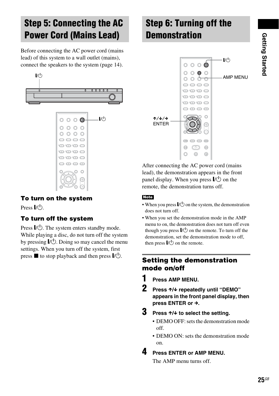 Step 5: connecting the ac power cord (mains lead), Step 6: turning off the demonstration, Setting the demonstration mode on/off | Step 5: connecting the ac power cord, Mains lead), Step 6: turning off, The demonstration | Sony HCD-DZ100 User Manual | Page 25 / 92