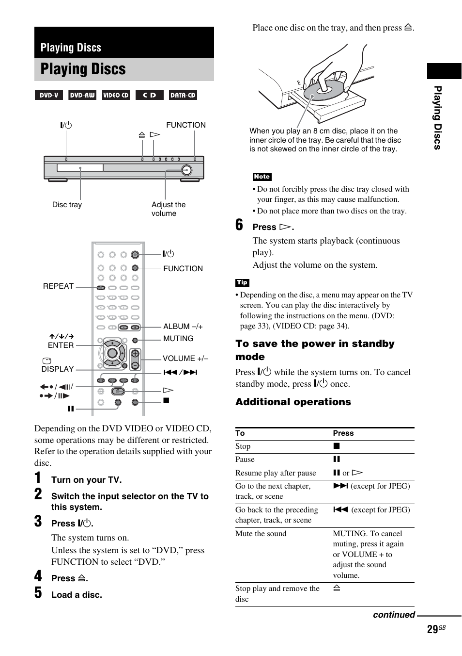 Playing discs | Sony HCD-DZ100 User Manual | Page 29 / 92