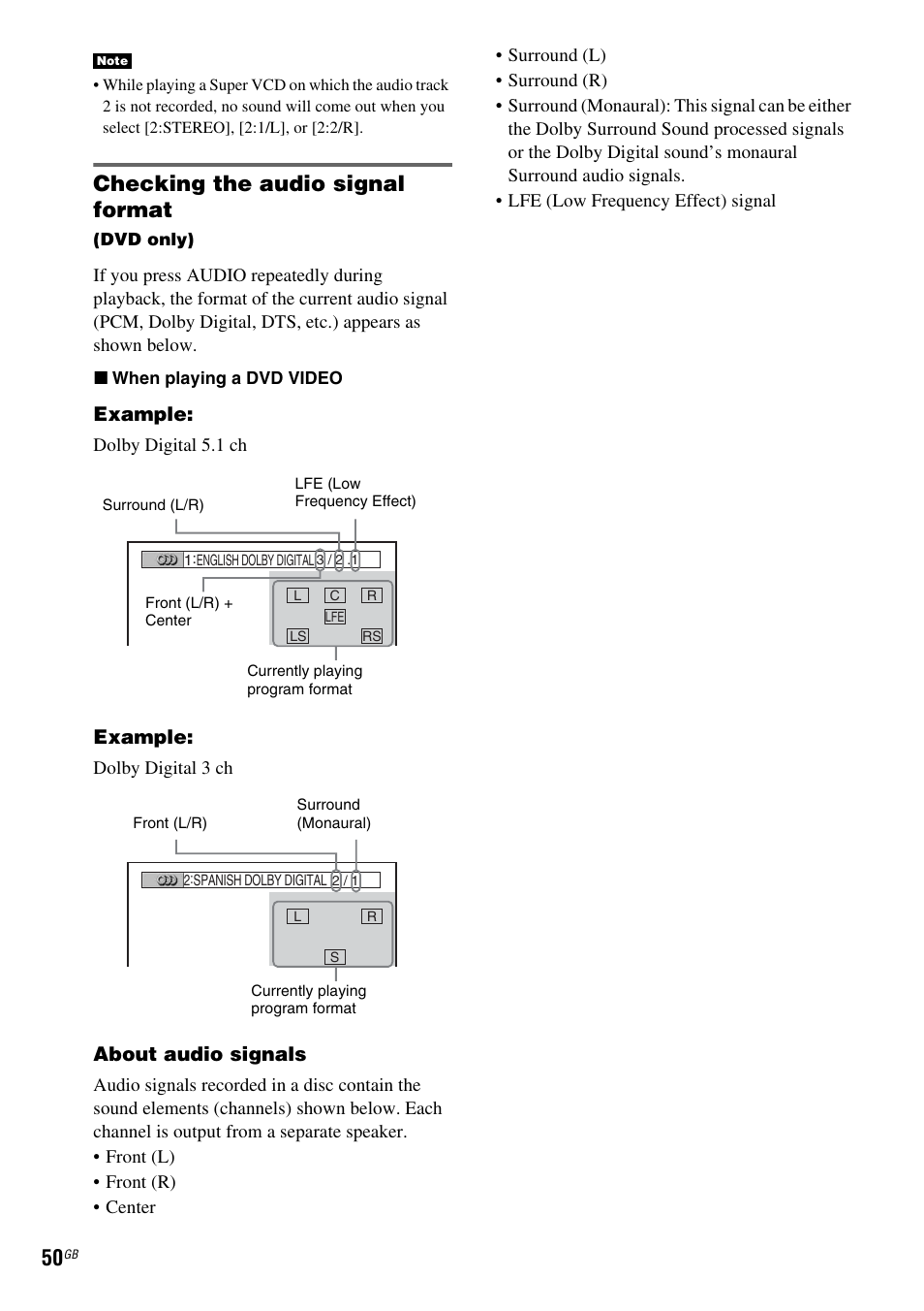 Checking the audio signal format, Example, About audio signals | Sony HCD-DZ100 User Manual | Page 50 / 92