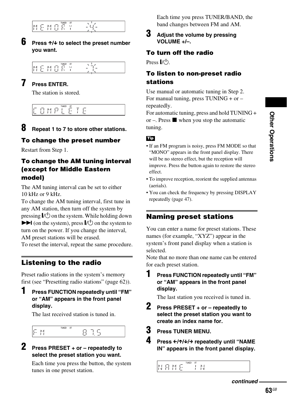 Listening to the radio, Naming preset stations | Sony HCD-DZ100 User Manual | Page 63 / 92