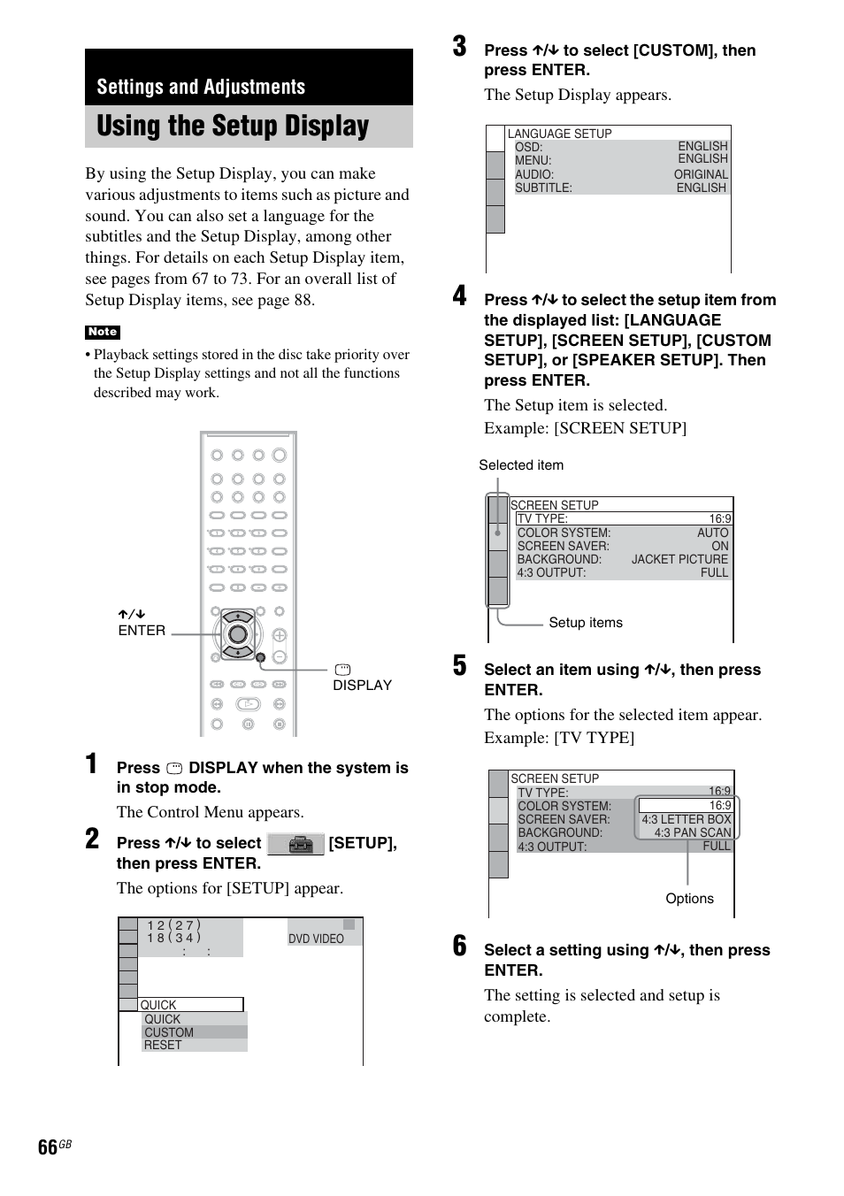 Settings and adjustments, Using the setup display | Sony HCD-DZ100 User Manual | Page 66 / 92