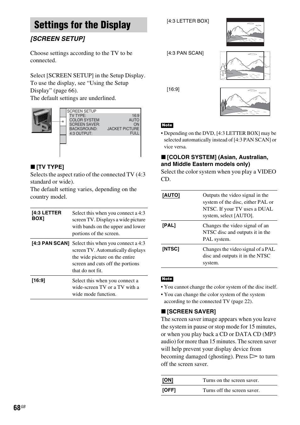 Settings for the display, Screen setup | Sony HCD-DZ100 User Manual | Page 68 / 92
