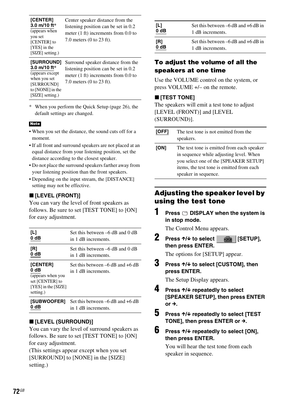 Adjusting the speaker level by using the test tone | Sony HCD-DZ100 User Manual | Page 72 / 92