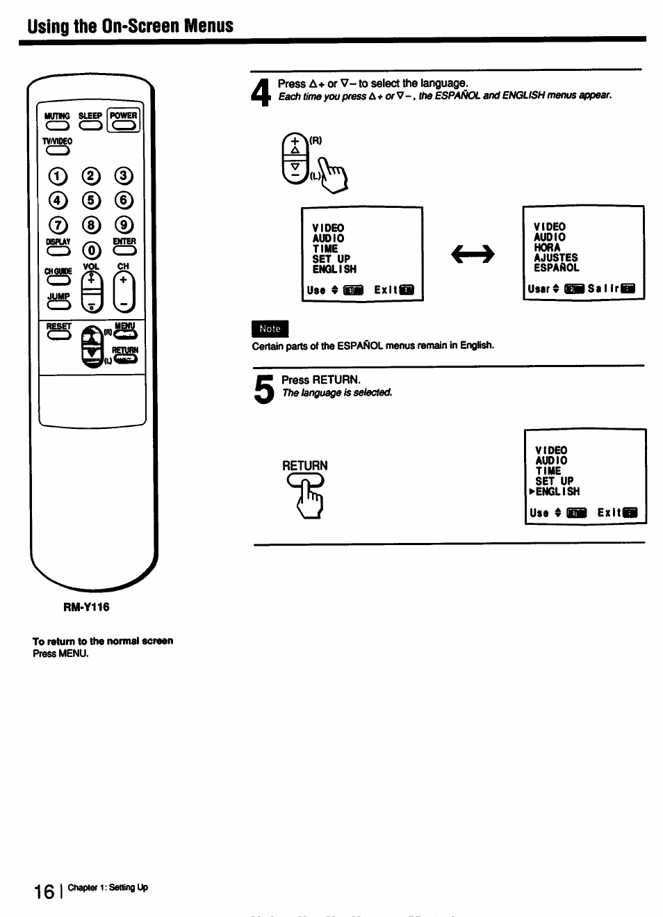 Using the on-screen menus, Press á+ or v- to select the language, Press return | Sony KV-13TR28 User Manual | Page 16 / 48
