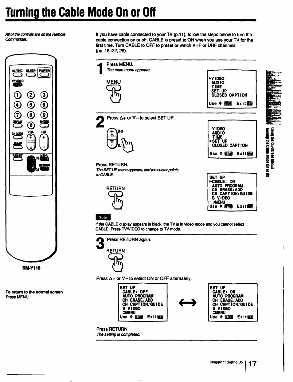 Turning the cable mode on or off | Sony KV-13TR28 User Manual | Page 17 / 48
