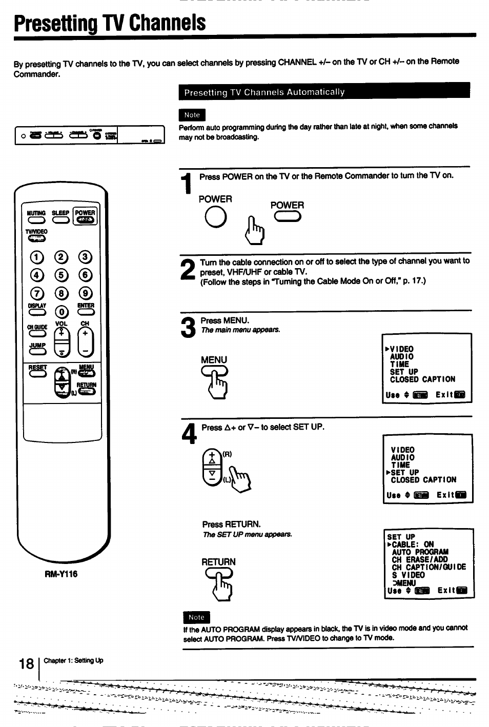 Presetting tv channels | Sony KV-13TR28 User Manual | Page 18 / 48