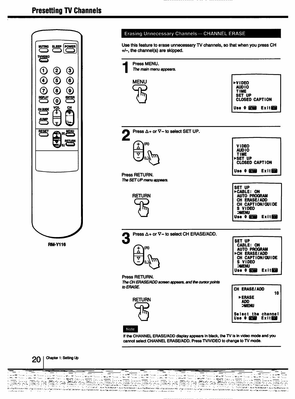 Presetting tv channels, Press menu, Press a+ or v- to select set up | Press return, Press a-f or v- to select ch erase/add | Sony KV-13TR28 User Manual | Page 20 / 48