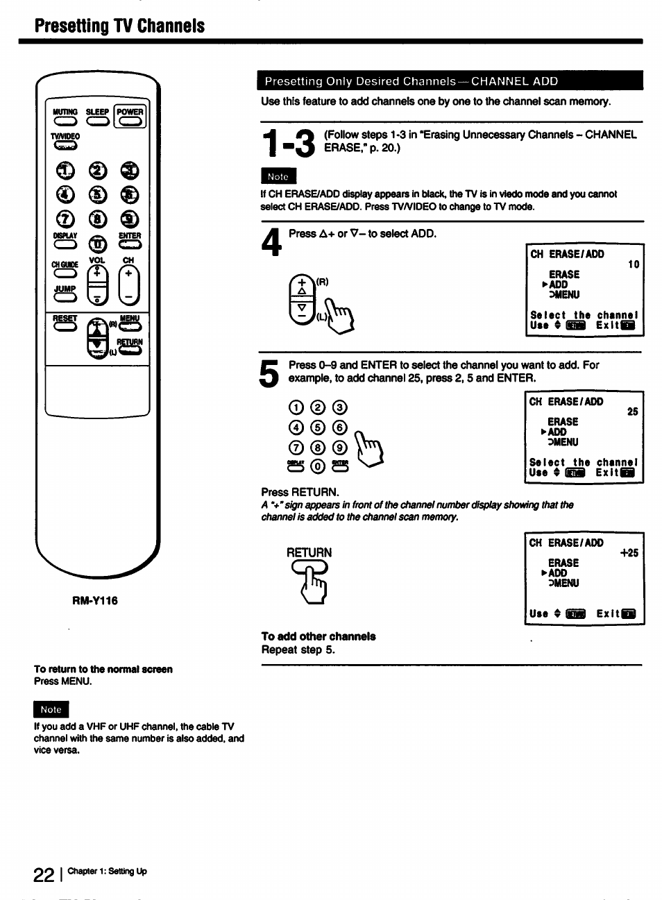 Presetting tv channels, Press a+ or v- to select add, Press return | Return, Repeat step 5, 0 © © fv | Sony KV-13TR28 User Manual | Page 22 / 48