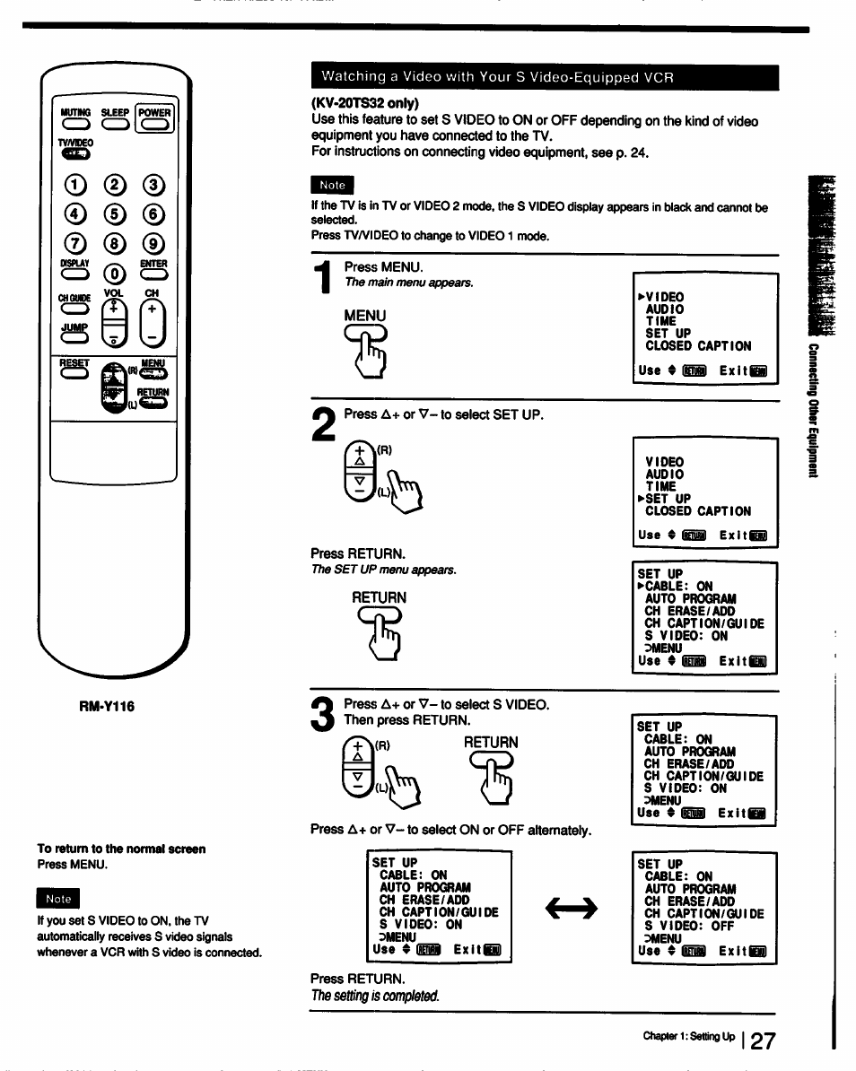 Press menu, Menu, Press a+ or v- to select set up | Press return, Return, Press a+ or v- to select on or off alternately, Exlt@b, The setting is competed | Sony KV-13TR28 User Manual | Page 27 / 48