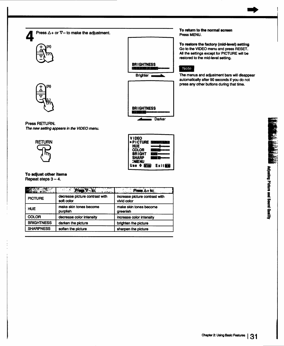 Press a+ or v- to make the adjustment, Press return, Repeat steps 3-4 | Sony KV-13TR28 User Manual | Page 31 / 48