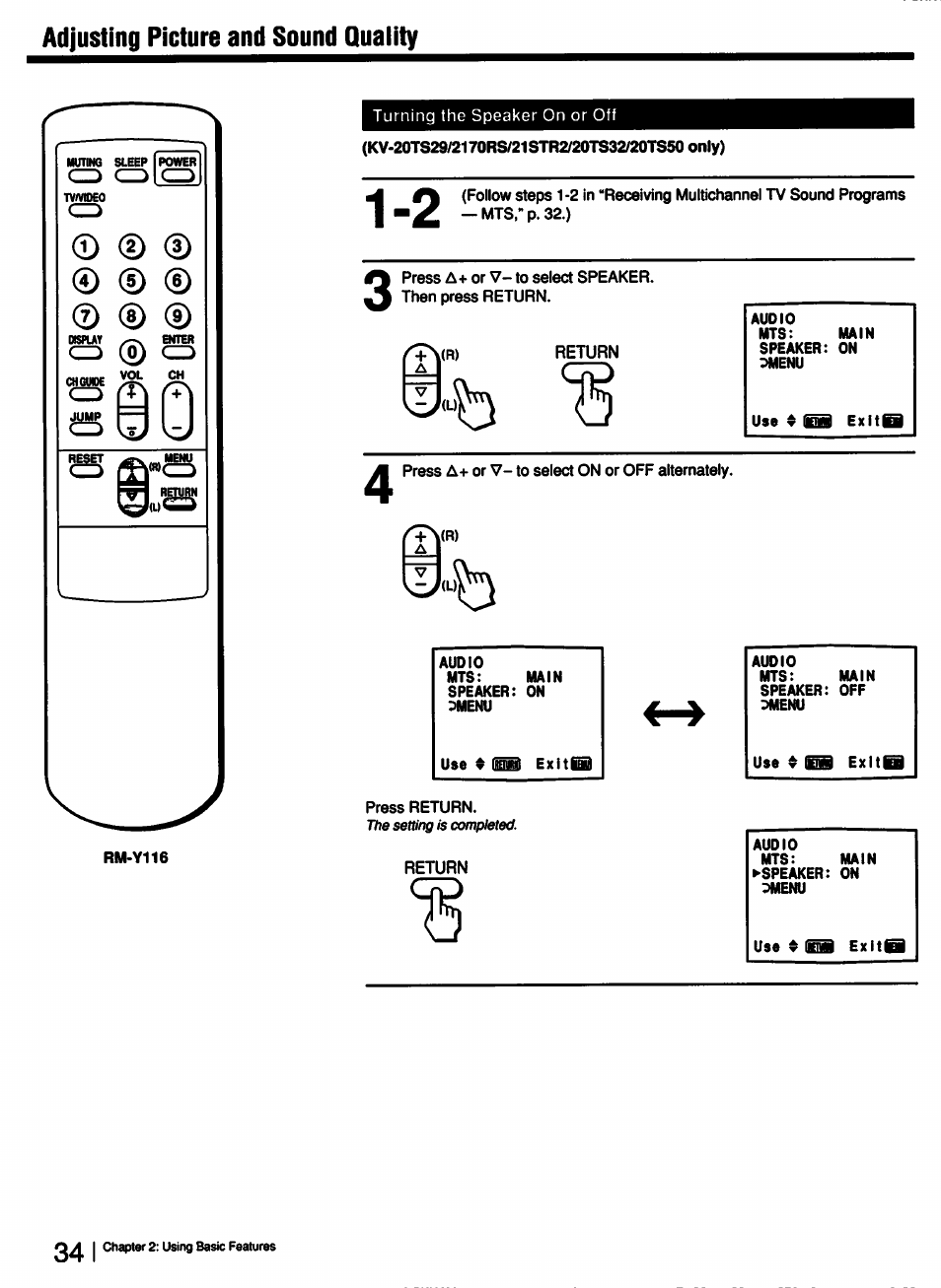 Adjusting picture and sound quaiity | Sony KV-13TR28 User Manual | Page 34 / 48
