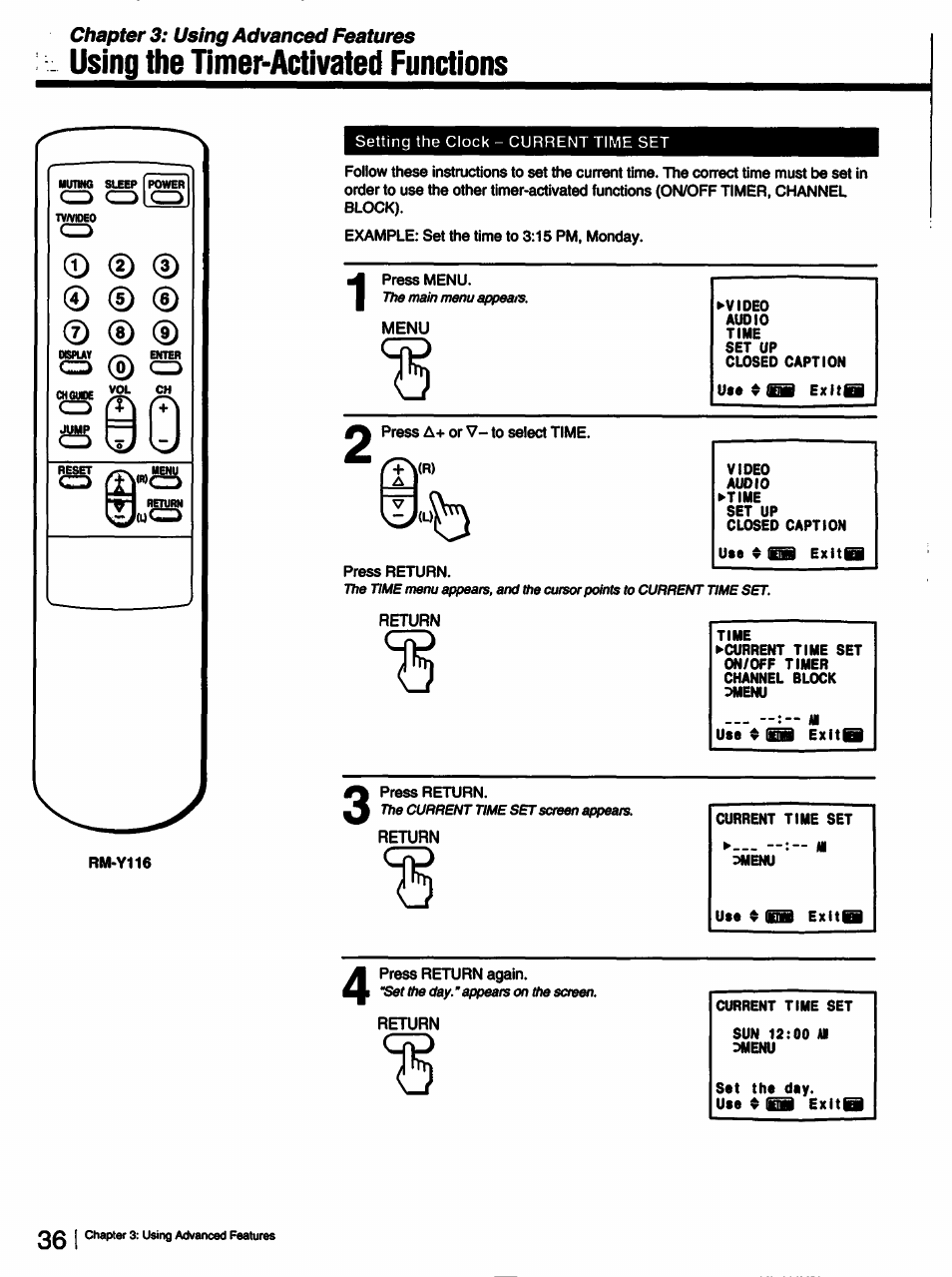 Example: set the time to 3:15 pm, monday, Press menu, Press return | Return, Press return again, Using the timer-activated functions | Sony KV-13TR28 User Manual | Page 36 / 48