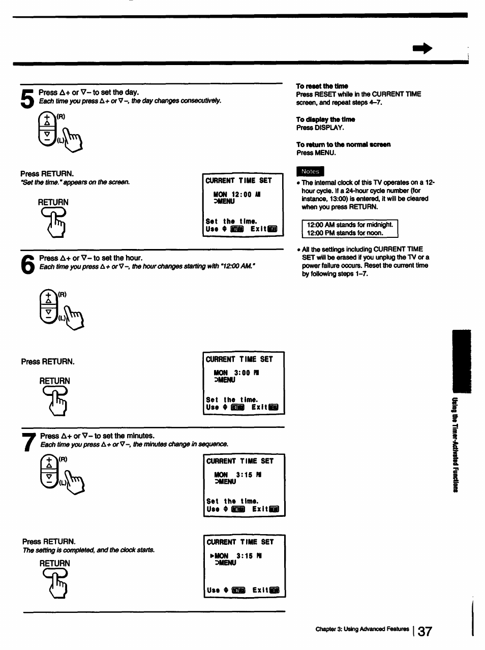 Press a-i- or v- to set the day, Press return, Return | Press a-i- or v- to set the minutes | Sony KV-13TR28 User Manual | Page 37 / 48
