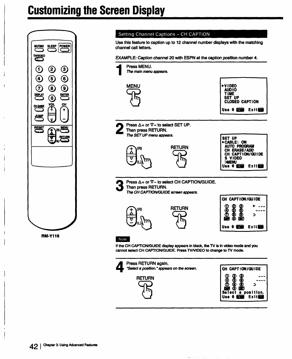 Customizing the screen dispiay, Press menu, Menu | Press a+ or v- to select set up. then press return, Return, Press return again, Customizing the screen display | Sony KV-13TR28 User Manual | Page 42 / 48