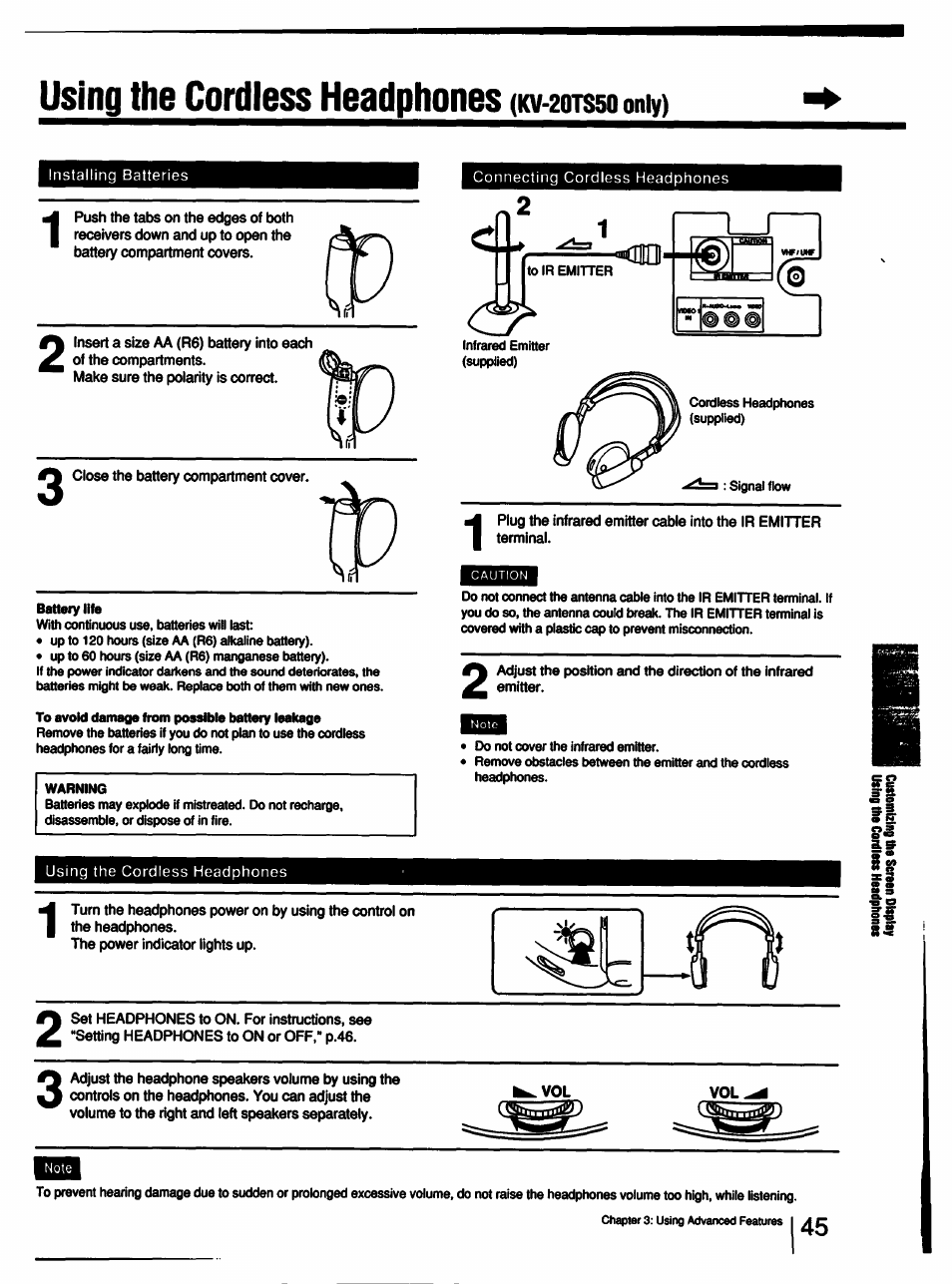Using the cordless headphones (kv-20ts50omy) | Sony KV-13TR28 User Manual | Page 45 / 48