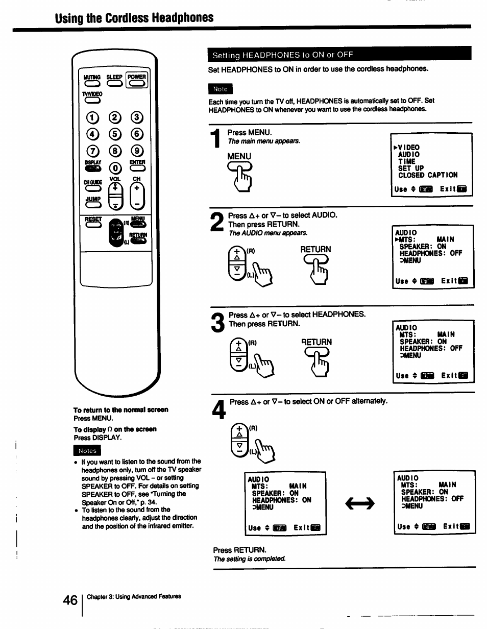 Using the cordless headphones | Sony KV-13TR28 User Manual | Page 46 / 48