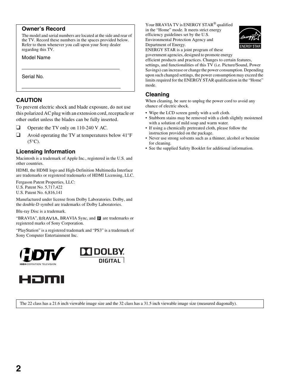 Caution, Licensing information, Cleaning | Owner’s record | Sony KDL-32BX300 User Manual | Page 2 / 63