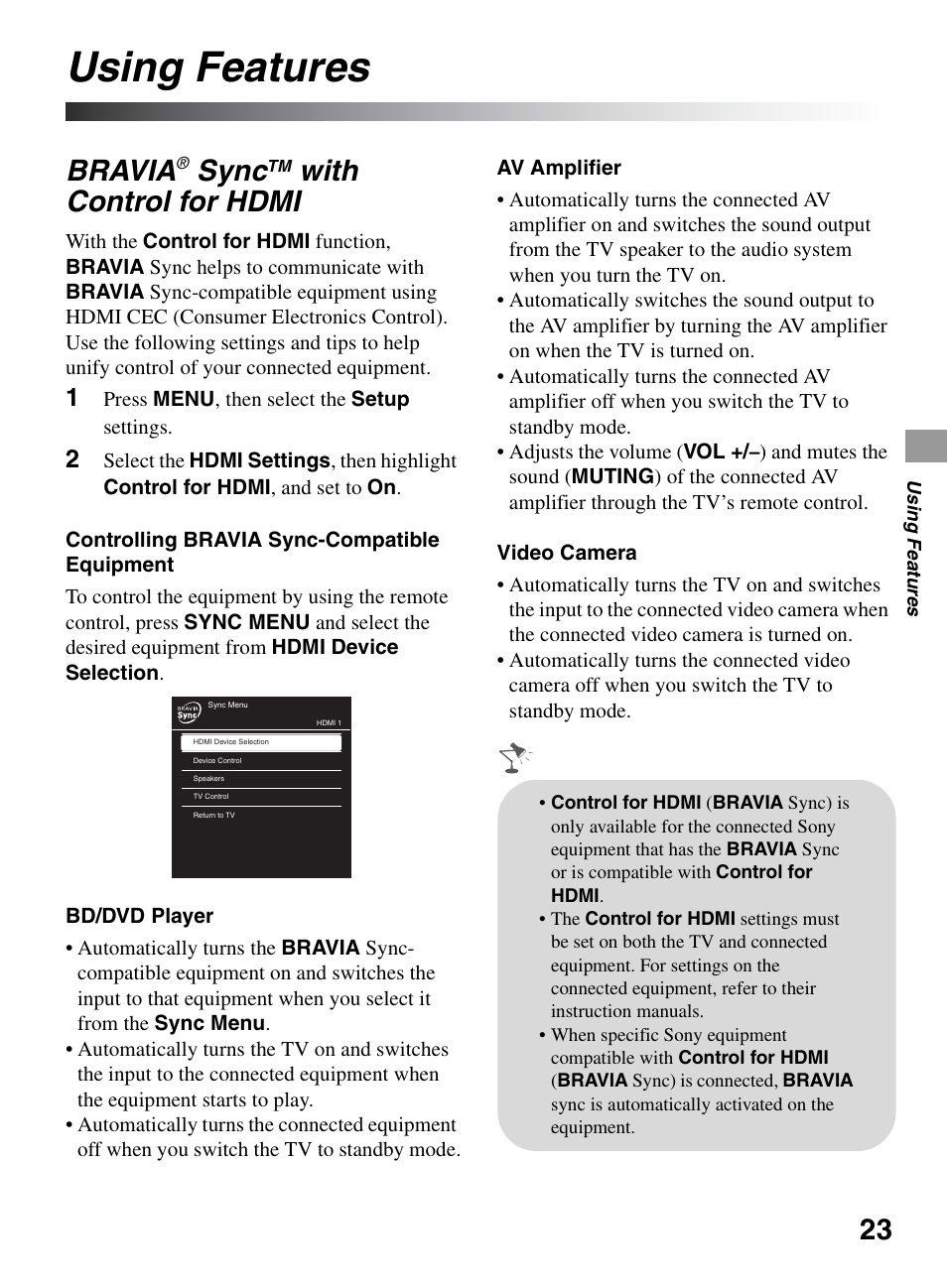 Using features, Bravia® synctm with control for hdmi, Bravia | Sync, With control for hdmi | Sony KDL-32BX300 User Manual | Page 23 / 63