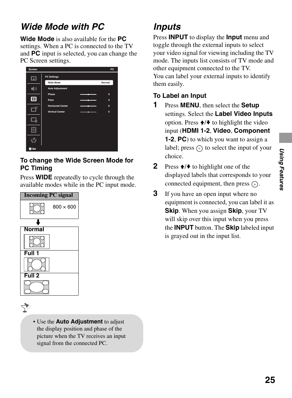 Wide mode with pc, Inputs | Sony KDL-32BX300 User Manual | Page 25 / 63