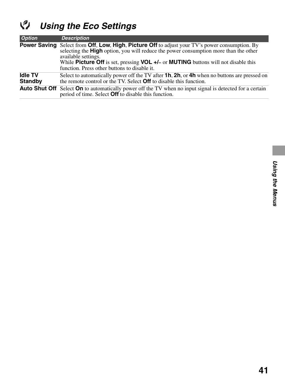 Using the eco settings | Sony KDL-32BX300 User Manual | Page 41 / 63