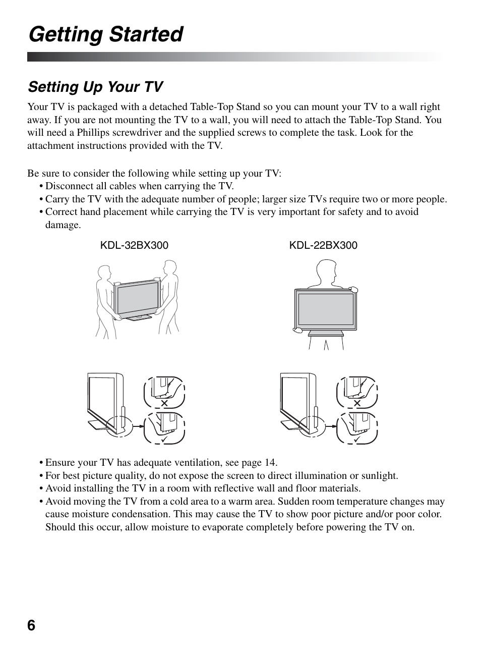 Getting started, Setting up your tv | Sony KDL-32BX300 User Manual | Page 6 / 63