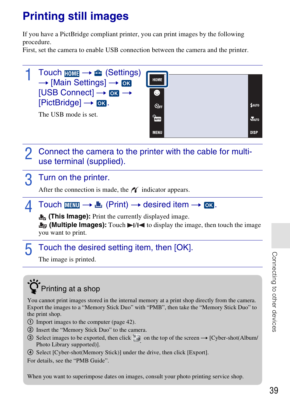 Printing still images | Sony DSC-T700 User Manual | Page 39 / 60
