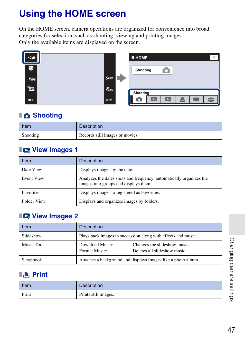 Using the home screen, Xshooting x view images 1 x view images 2 x print | Sony DSC-T700 User Manual | Page 47 / 60