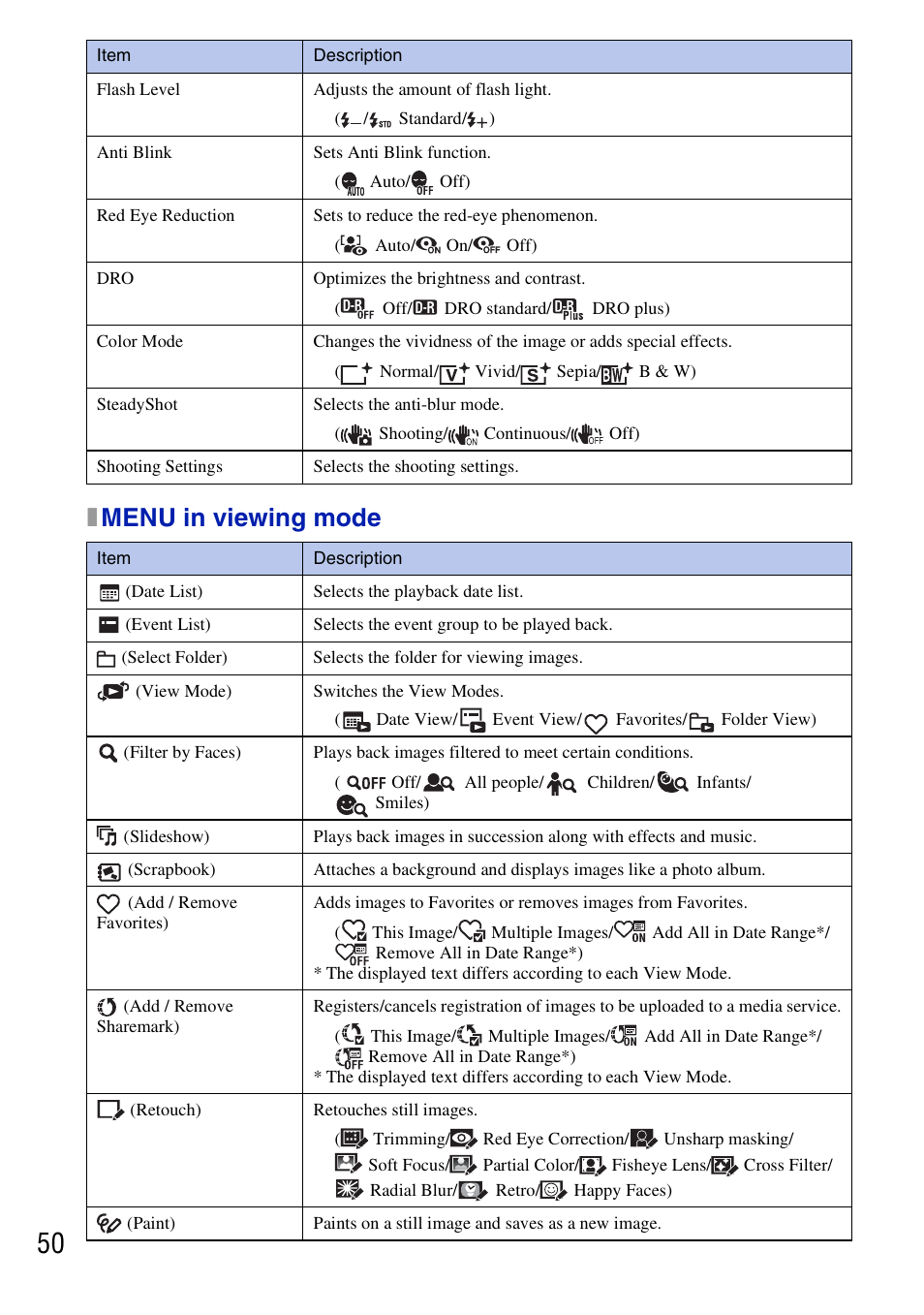Xmenu in viewing mode | Sony DSC-T700 User Manual | Page 50 / 60