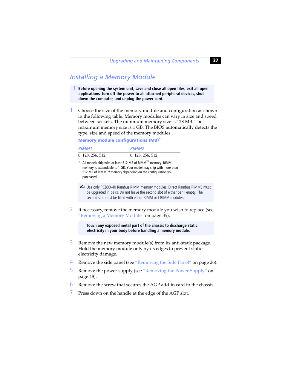Installing a memory module | Sony PCV-RX791 User Manual | Page 49 / 98