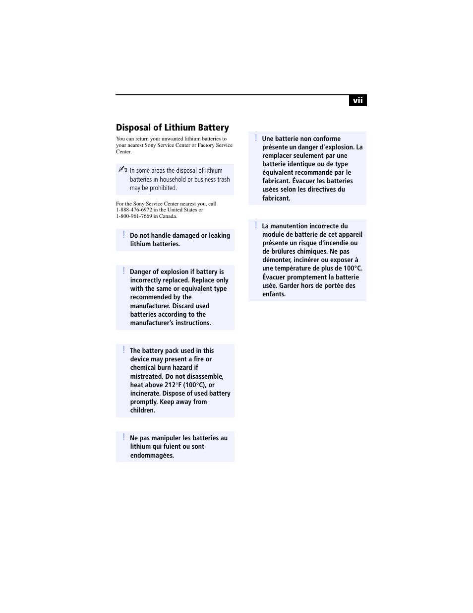 Disposal of lithium battery | Sony PCV-RX791 User Manual | Page 7 / 98