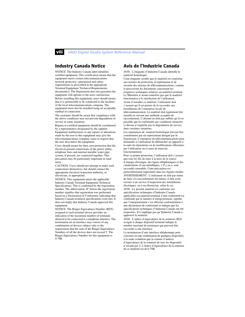 Industry canada notice, Avis de l’industrie canada | Sony PCV-RX791 User Manual | Page 8 / 98