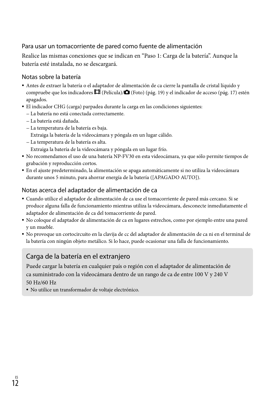 Carga de la batería en el extranjero, Notas sobre la batería, Notas acerca del adaptador de alimentación de ca | Sony HDR-CX110 User Manual | Page 88 / 151