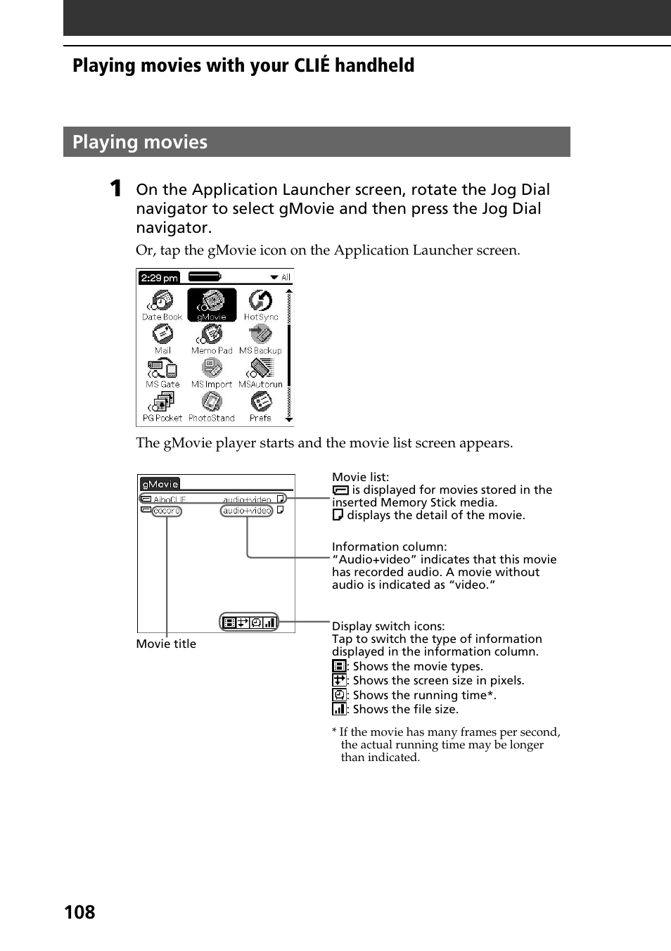 Playing movies | Sony PEG-NR70V User Manual | Page 108 / 212