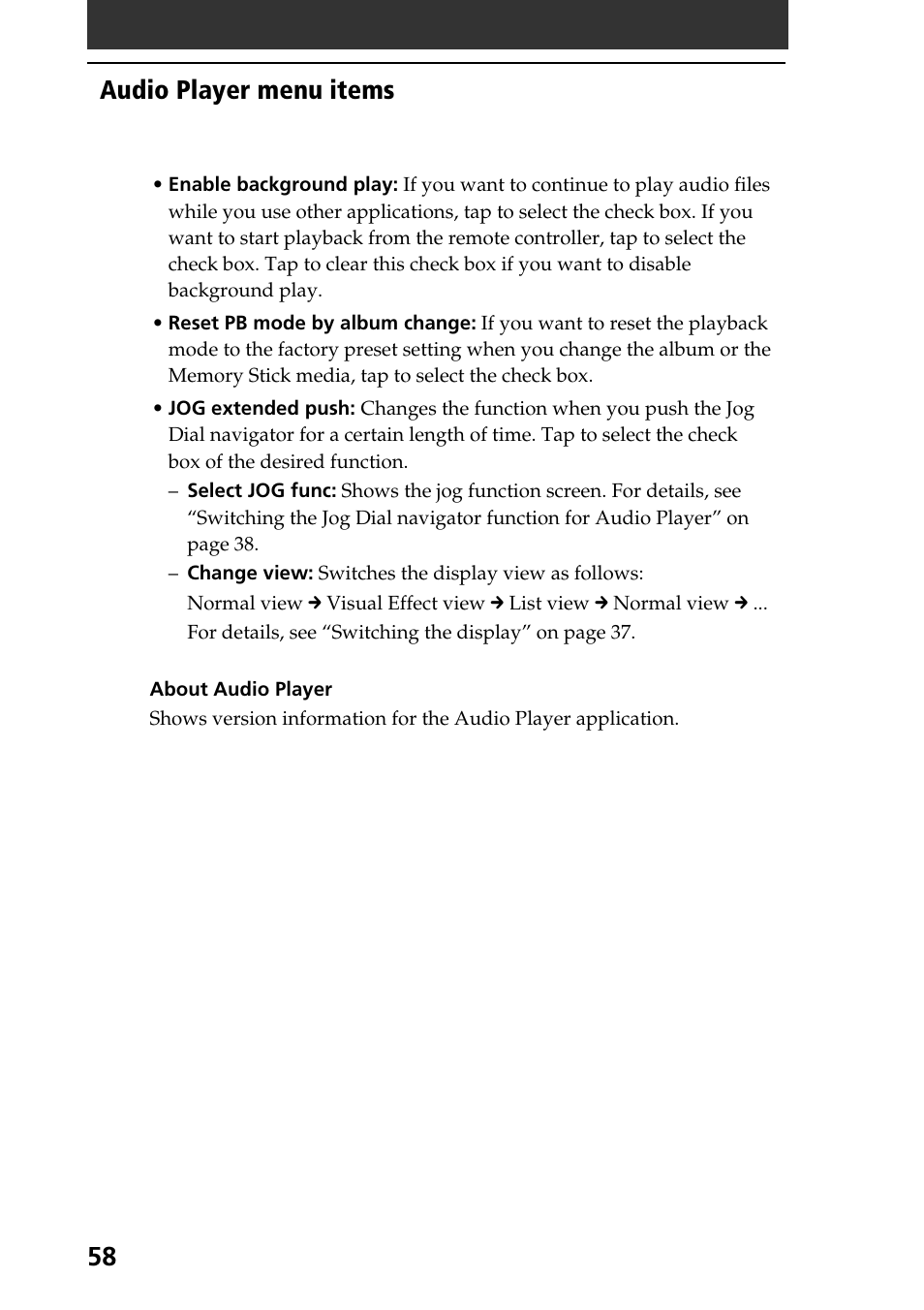 Audio player menu items | Sony PEG-NR70V User Manual | Page 58 / 212