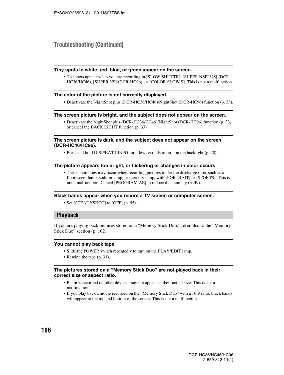Playback troubleshooting (continued) | Sony DCR-HC36 User Manual | Page 106 / 140