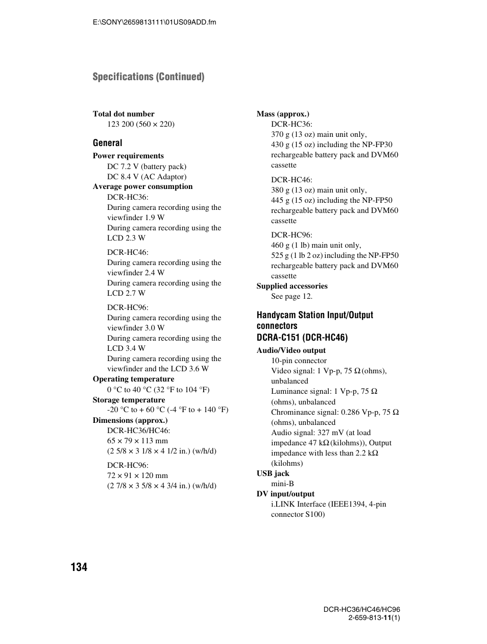Specifications (continued) | Sony DCR-HC36 User Manual | Page 134 / 140
