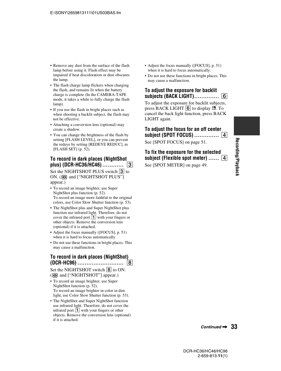 To record in dark places (nightshot) (dcr-hc96), Button (p. 33) | Sony DCR-HC36 User Manual | Page 33 / 140