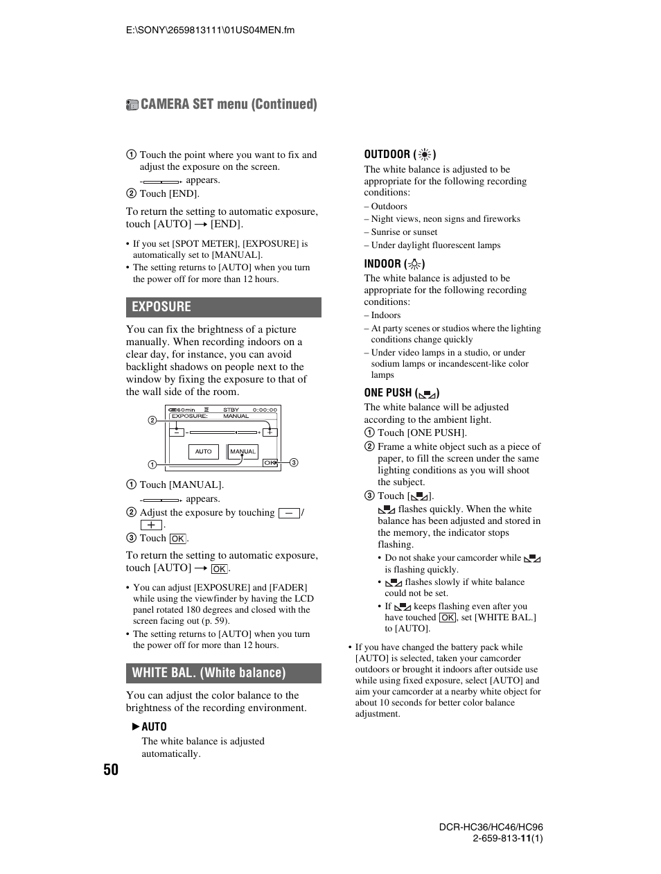 Camera set menu (continued), Exposure white bal. (white balance) | Sony DCR-HC36 User Manual | Page 50 / 140
