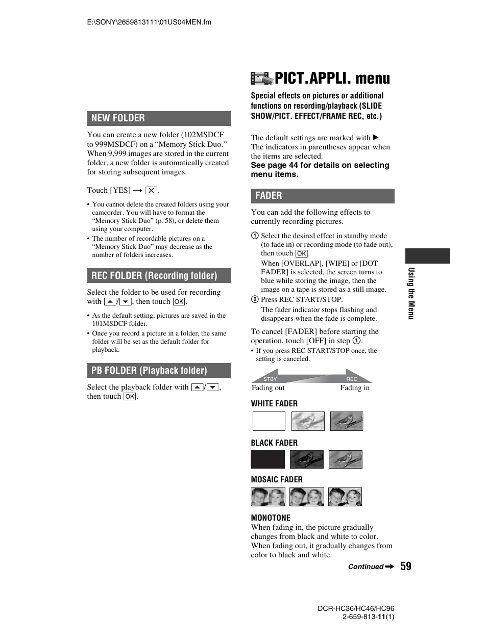 Pict.appli. menu | Sony DCR-HC36 User Manual | Page 59 / 140