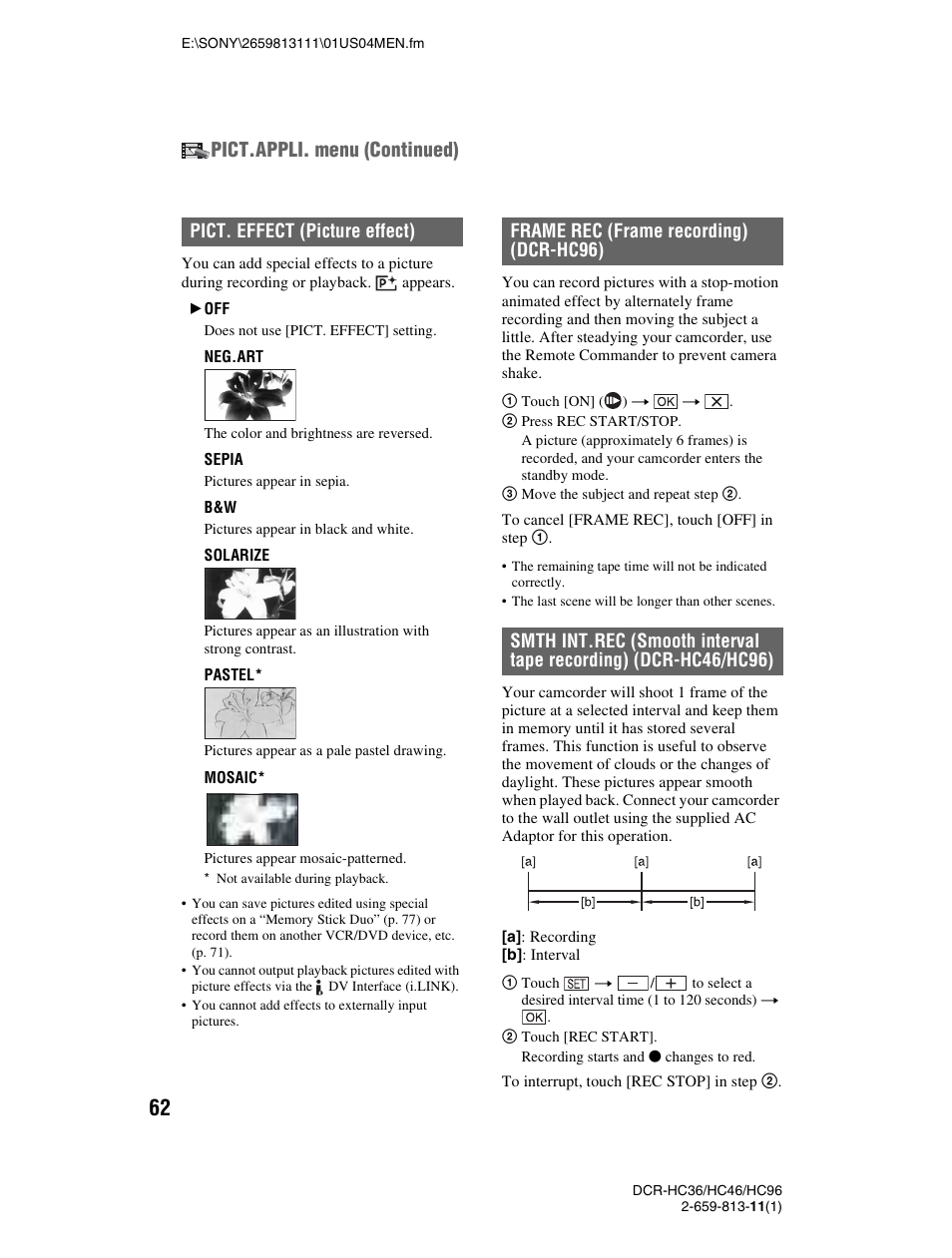 Pict.appli. menu (continued), Pict. effect (picture effect) | Sony DCR-HC36 User Manual | Page 62 / 140