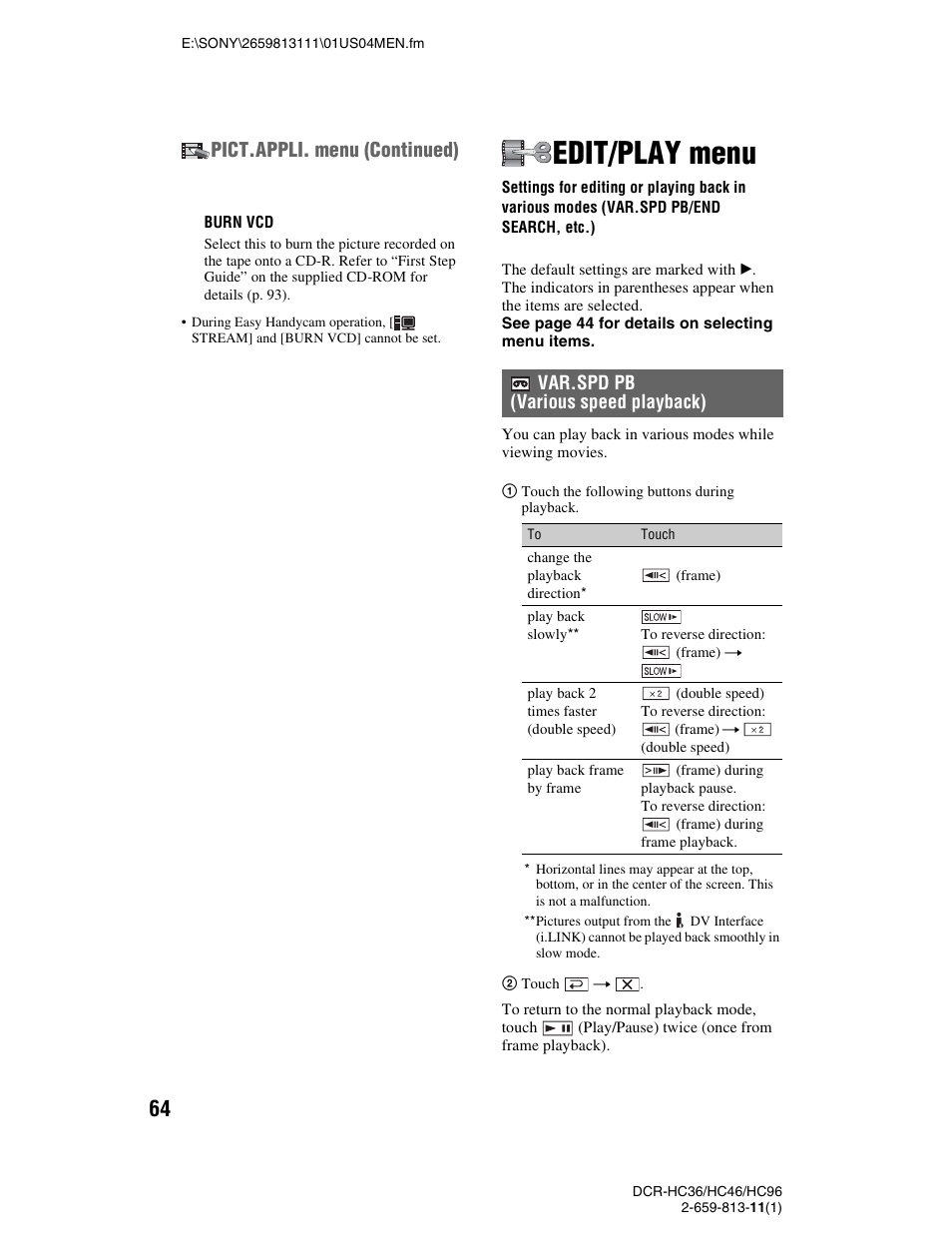 Edit/play menu, Pict.appli. menu (continued) | Sony DCR-HC36 User Manual | Page 64 / 140