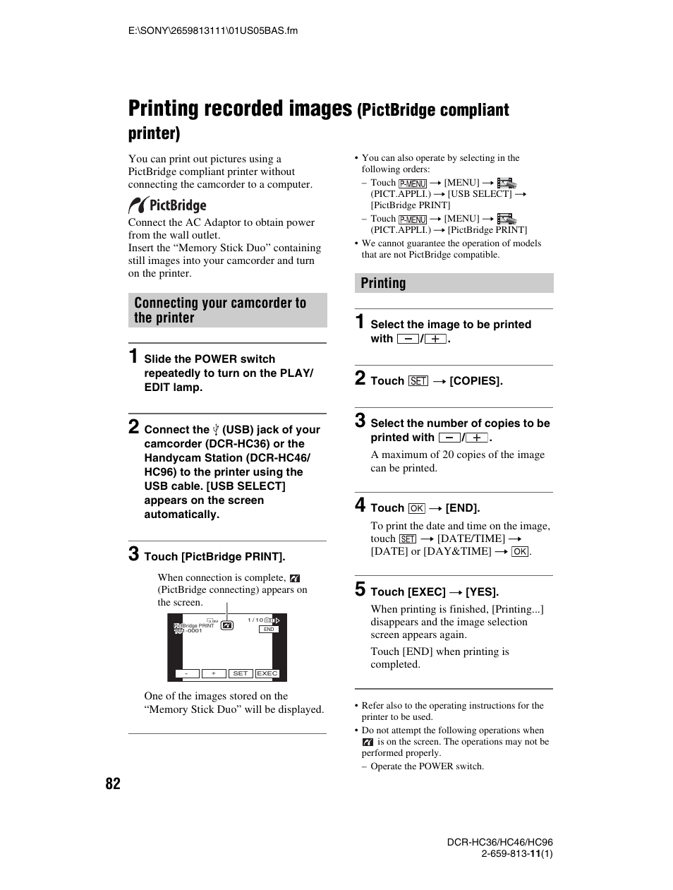 E (1) (p. 82, P. 82), Printing recorded images | Pictbridge compliant printer), Connecting your camcorder to the printer, Printing | Sony DCR-HC36 User Manual | Page 82 / 140