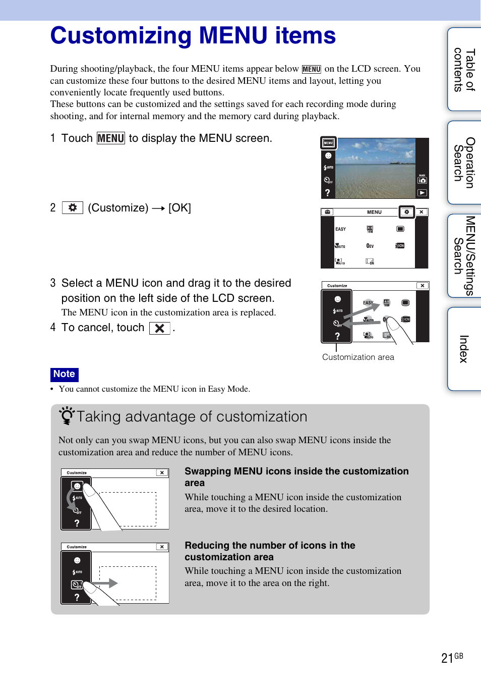 Customizing menu items, Taking advantage of customization | Sony DSC-T110 User Manual | Page 21 / 164